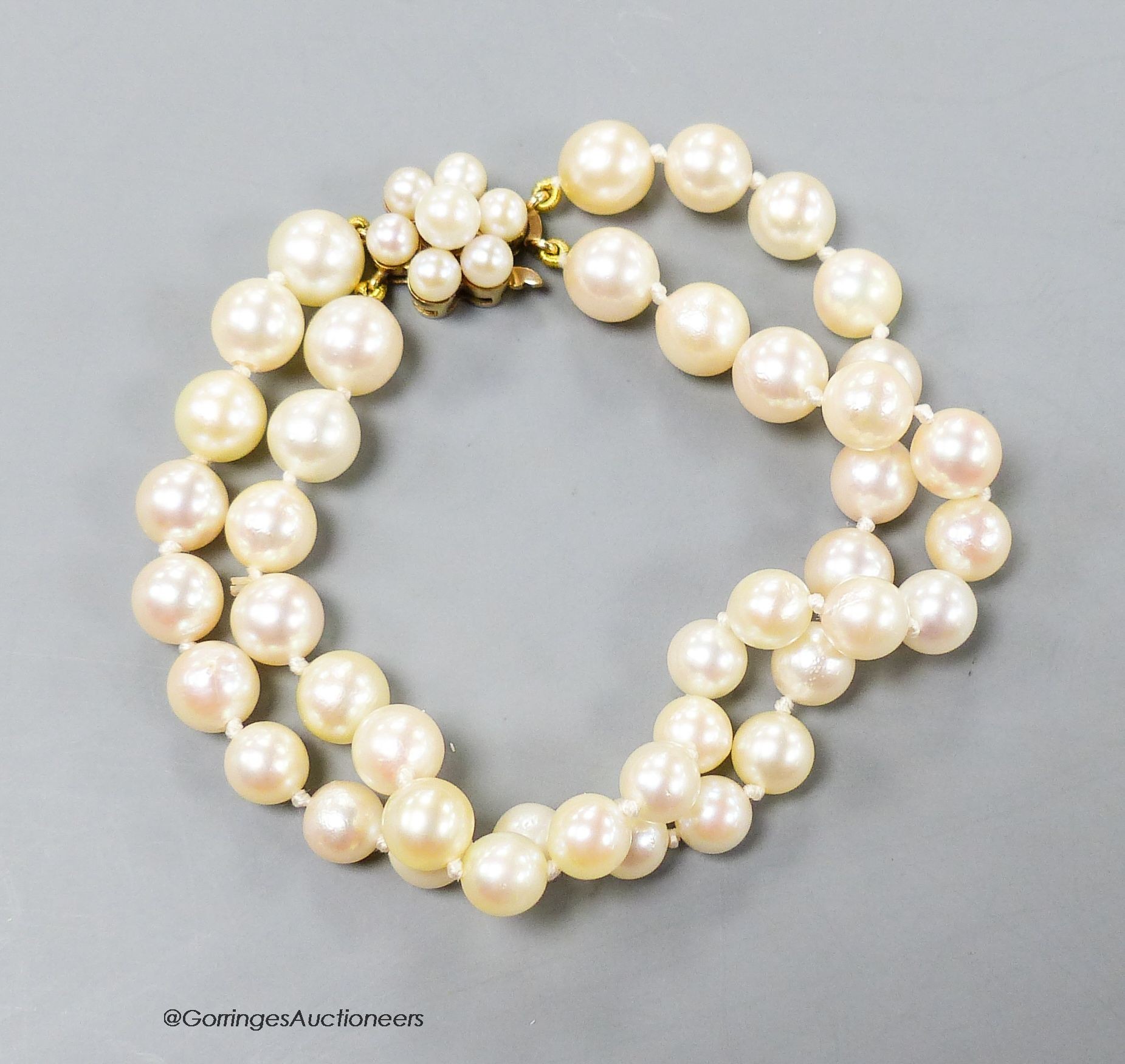 A twin strand cultured pearl bracelet, with 9ct gold and cultured pearl set clasp, 16cm, gross 20 grams.